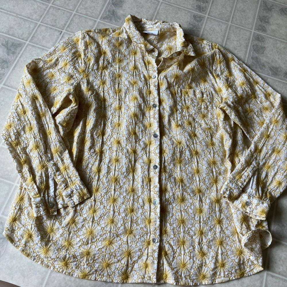 J. Jill Embroidered Gold Flower Button Up Shirt Cottage Core Size Large Long Slv